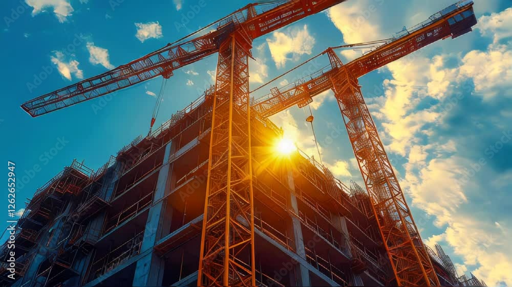Tower cranes and high-rise building under construction against a blue sky, with sunlight highlighting the structure and scaffolding
