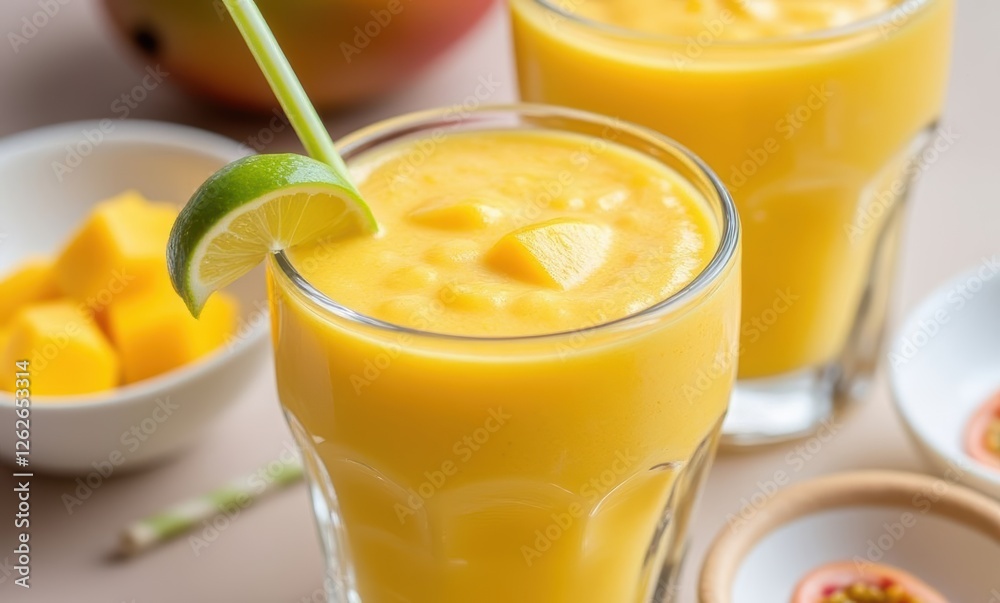 Refreshing mango smoothie with lime garnish Refreshing mango smoothie with lime garnish
