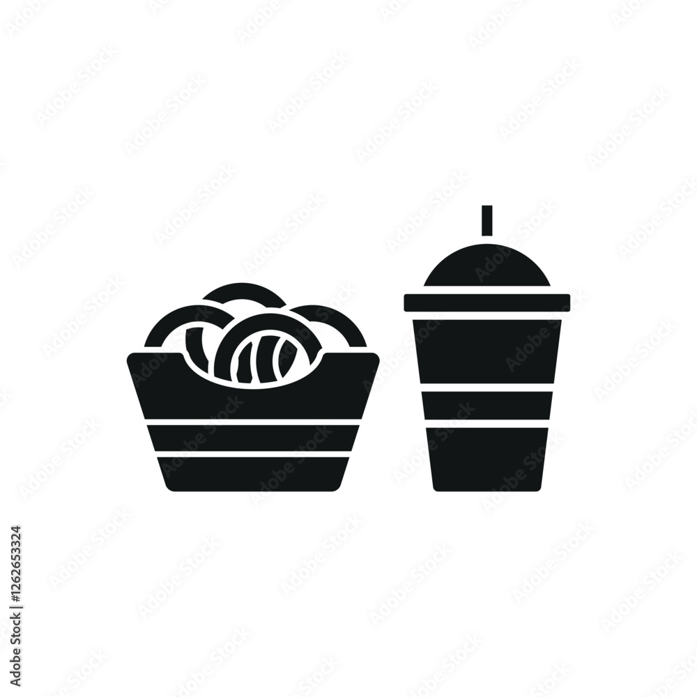 Drink and onion rings set food icon in flat style, featuring a refreshing beverage in a cup with a straw and a crispy stack of golden onion rings.