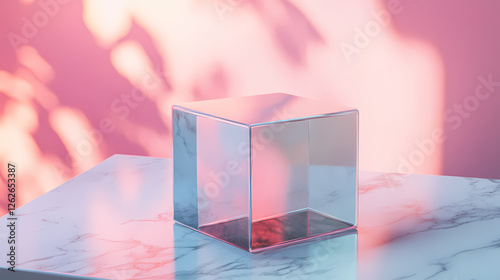 Glass Cube on Marble Table with Pink Wall Shadow