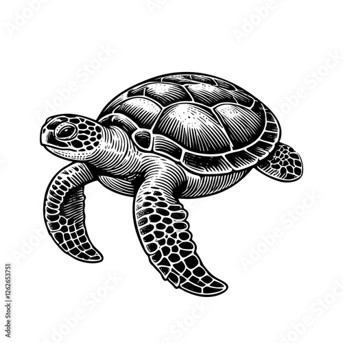 Sea turtle engraving black and white outline. Scratch board imitation.  illustrated in vintage line art style on a white background.
