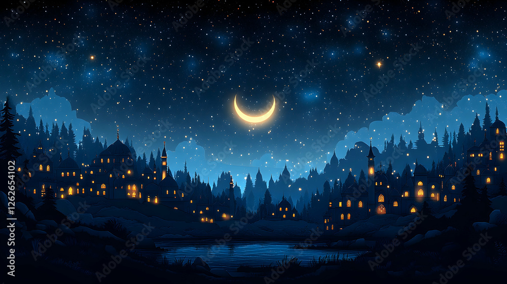 Fototapeta premium Night, Crescent Moon, Village, Lake, Stars, Fantasy, Peaceful, Illustration, Background, Design