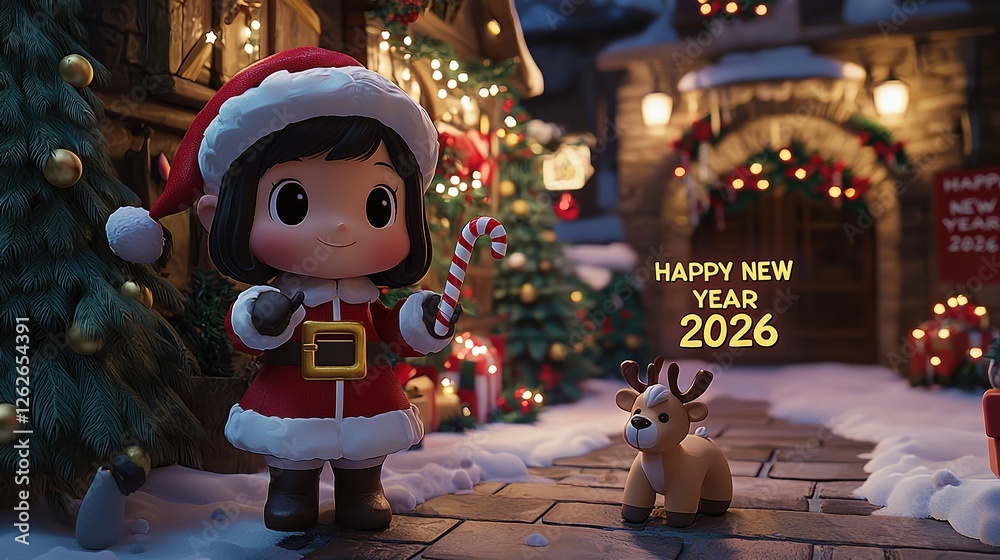 Charming 3D Girl in Santa Outfit Holds Candy Cane in Festive Winter Wonderland Scene for Holiday Celebrations Charming 3D Girl in Santa Outfit Holds Candy Cane in Festive Winter Wonderland Scene for Holiday Celebrations