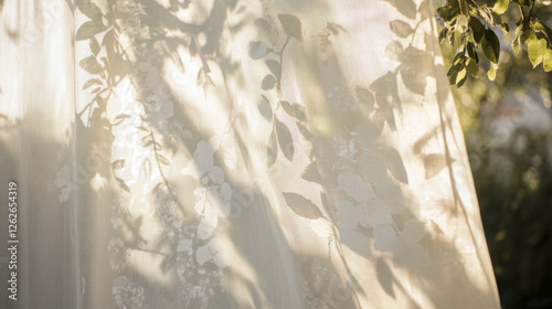Soft sunlight filters through sheer curtain, casting delicate leaf shadows. serene atmosphere enhances natural beauty of scene