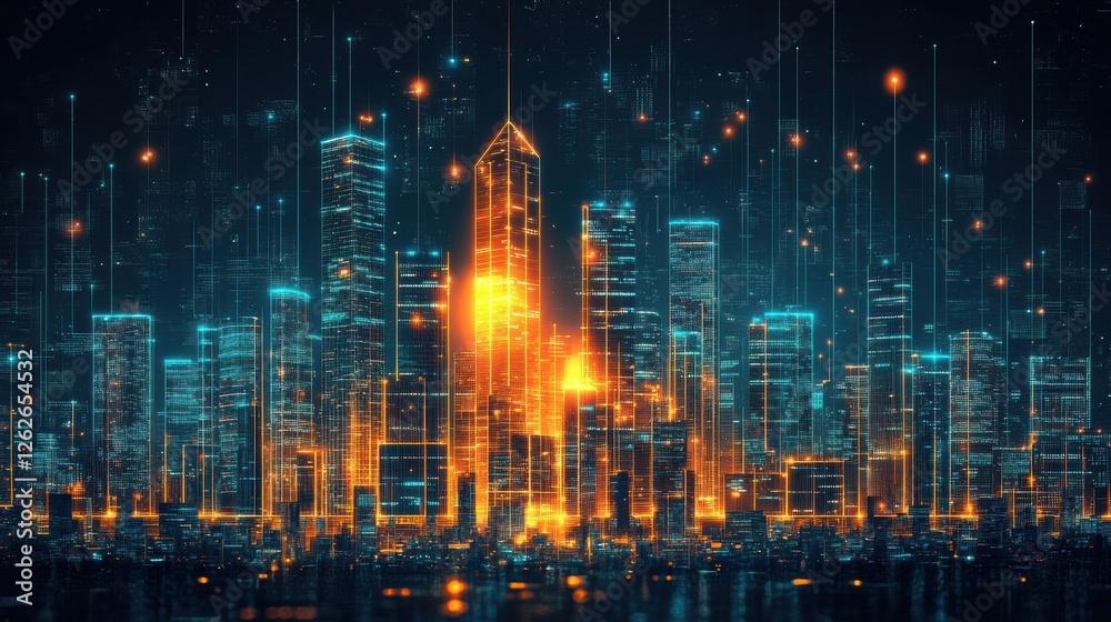 Naklejka premium Futuristic Cityscape 2025 Glowing Smart City Digital Technology Urban Development