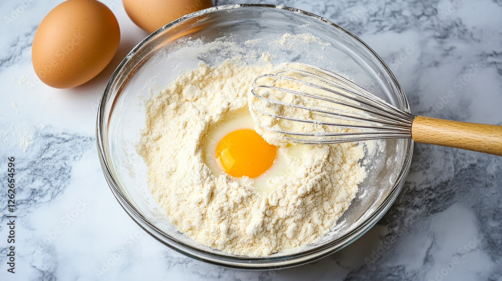 Baking inspiration emerges from a glass bowl filled with flour and a bright egg, accompanied by an elegant whisk and fresh eggs waiting to be transformed into a delicious treat Baking inspiration emerges from a glass bowl filled with flour and a bright egg, accompanied by an elegant whisk and fresh eggs waiting to be transformed into a delicious treat