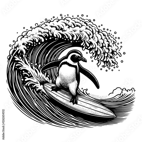 Penguin surfing engraving black and white outline. Scratch board imitation.  illustrated in vintage line art style on a white background.