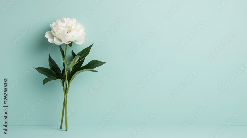 Obraz premium peony flowers are a beautiful concept. Single white flower against a mint green background.