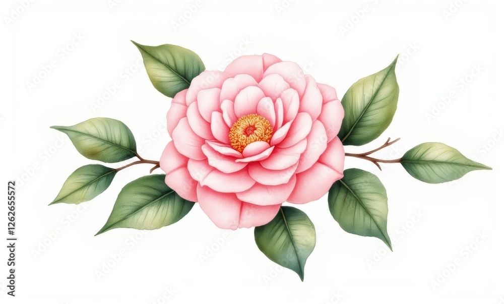 Delicate pink camellia blossom with leaves Delicate pink camellia blossom with leaves