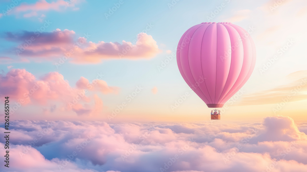 Obraz premium Experience breathtaking adventure with a pink hot air balloon gently floating over serene, cloud-filled skies at sunrise.