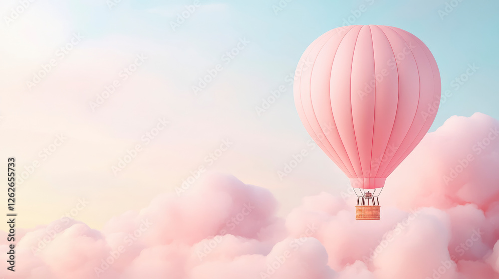Fototapeta premium Pink hot air balloon soaring through soft pastel clouds, creating a dreamy sky adventure perfect for travel inspiration.