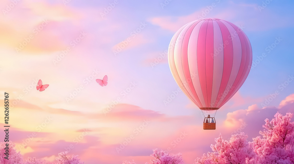 Obraz premium Pink hot air balloon glides over vibrant cherry blossom landscape during serene sunset, evoking tranquility and wanderlust in spring.