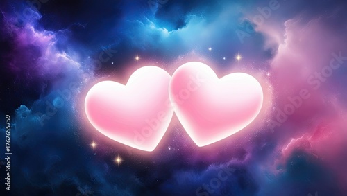 Two luminous hearts in a cosmic nebula, a romantic digital art.