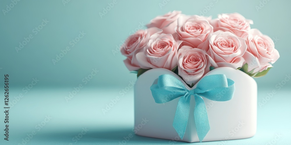 Fototapeta premium Pink Roses in Heart Box: A delightful bouquet of pale pink roses nestled in a heart-shaped box, adorned with a delicate light blue ribbon. A perfect image for expressing love, affection, and romance.