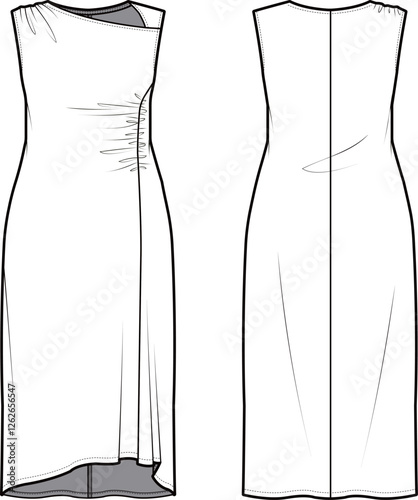 Technical flat sketch of Asymmetrical neck midi dress. Sleeveless long dress with shirring details. Vector mock up Template. 