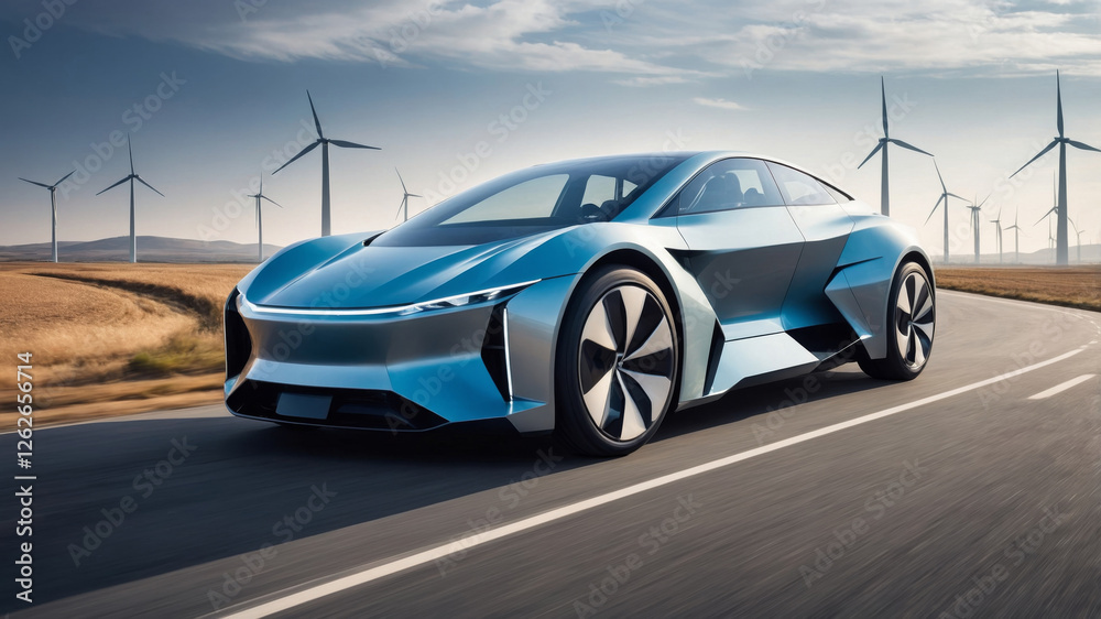 A sleek, blue electric car glides along a scenic road powered by wind turbines in the background. A sleek, blue electric car glides along a scenic road powered by wind turbines in the background.