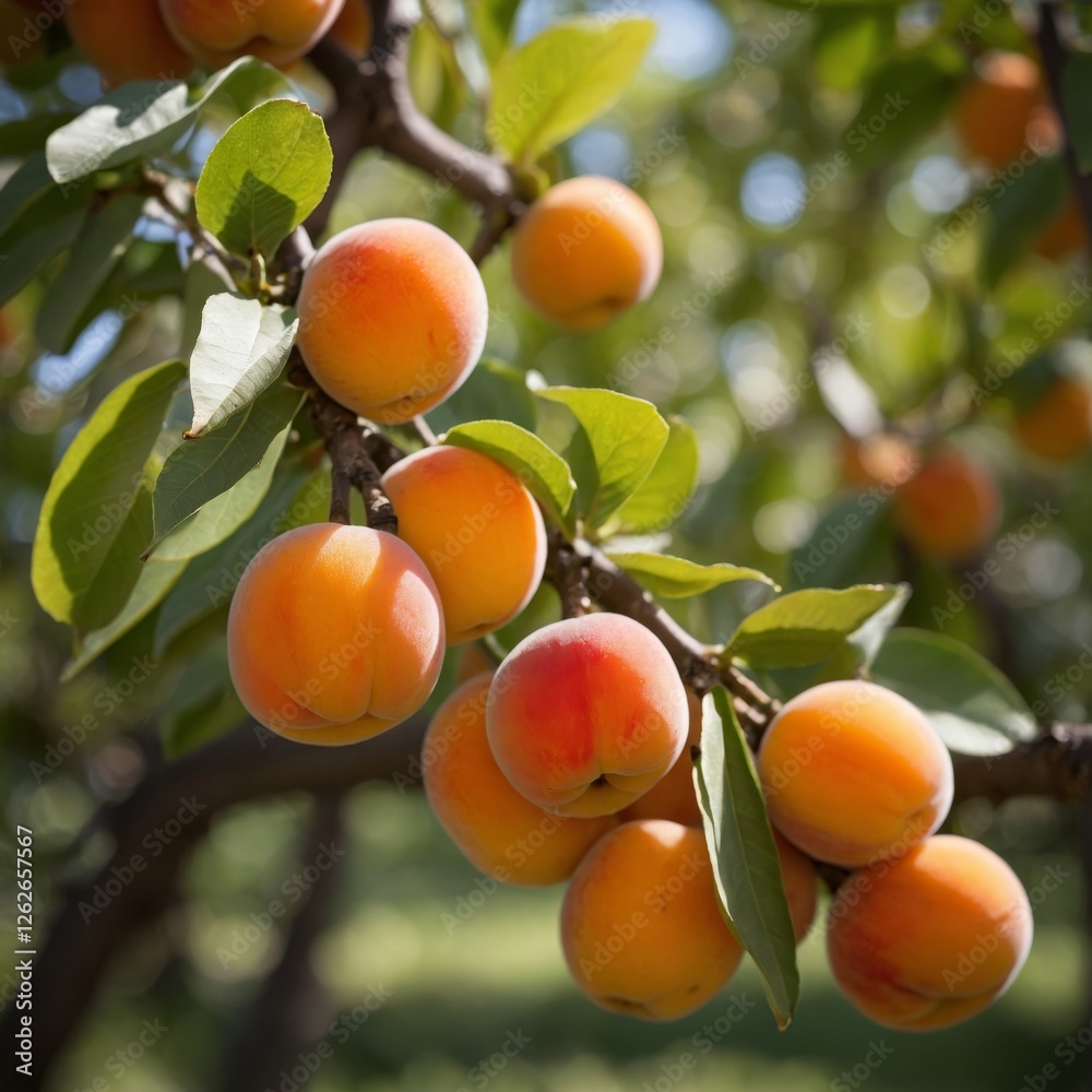 A cluster of ripe apricots hang heavy from a branch, bathed in sunlight on a summer day. A cluster of ripe apricots hang heavy from a branch, bathed in sunlight on a summer day.