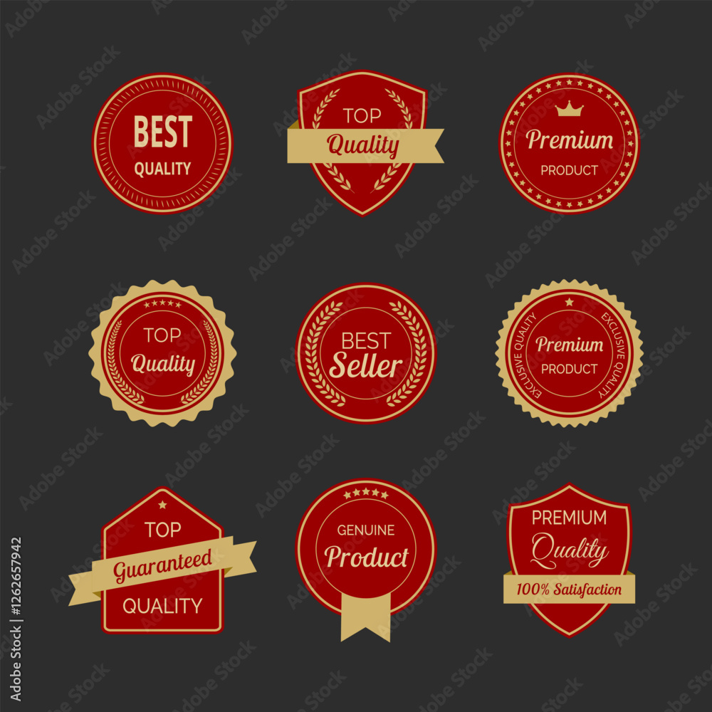 Vector illustration set of high quality labels and badges in red and gold color. Includes premium, certified designs for seals and stamps. Ideal for certification, assurance, and premium tags