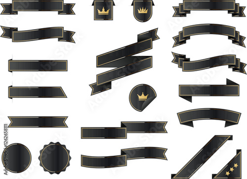 Luxury black and gold ribbons, banners and badges set with glossy metallic look. Decorative vector illustration elements with blank space for luxury advertising, premium promotions and elegant labels