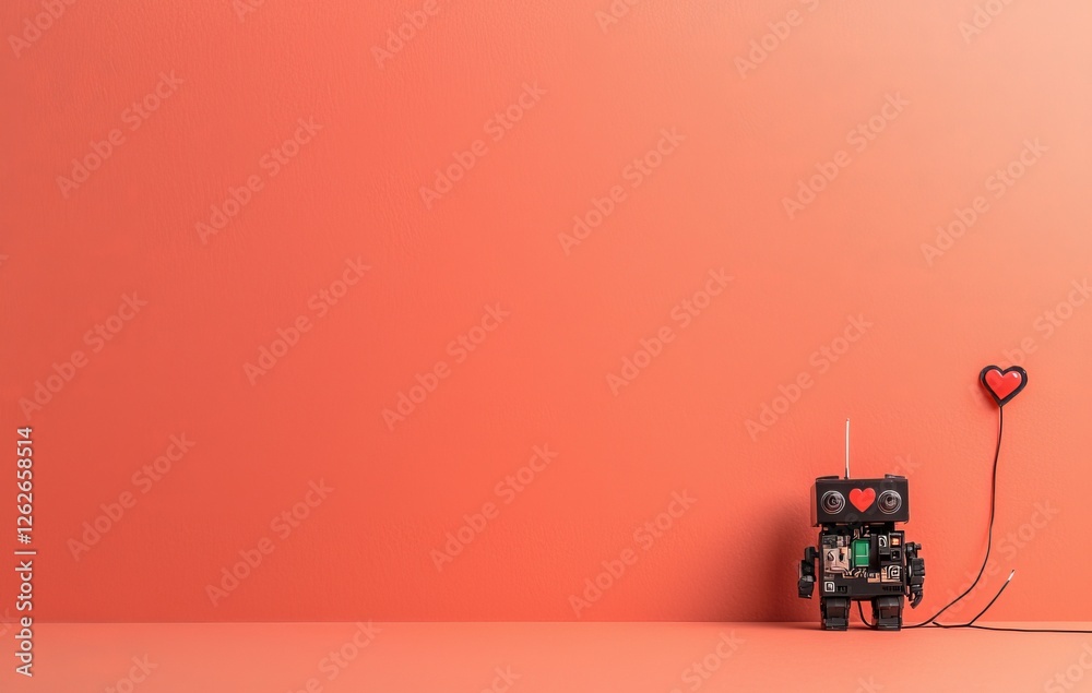 Obraz premium Cute Robot with Heart on Chest against Orange Background. Generative-AI