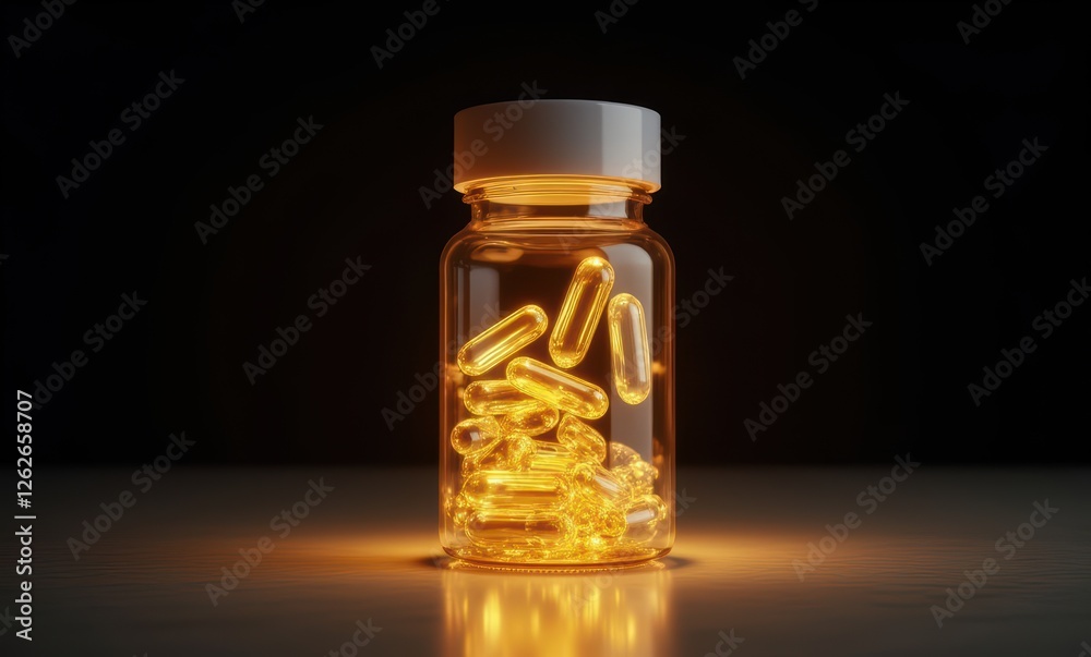 Glowing capsule bottle on a dark surface Glowing capsule bottle on a dark surface