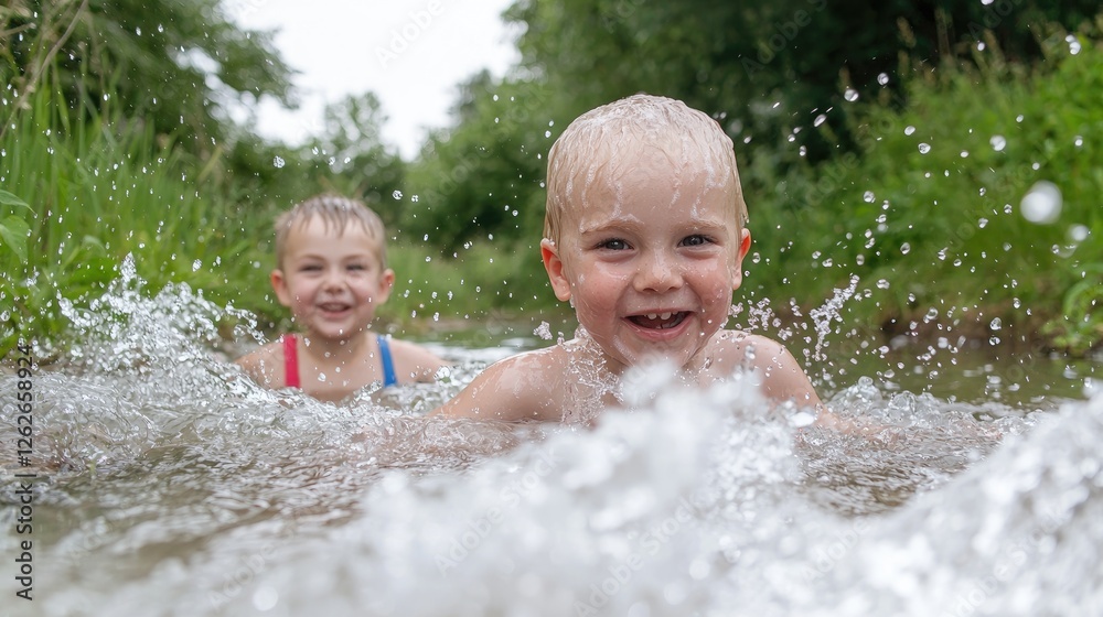 Two children splashing in a small stream, joyful summer moment Two children splashing in a small stream, joyful summer moment