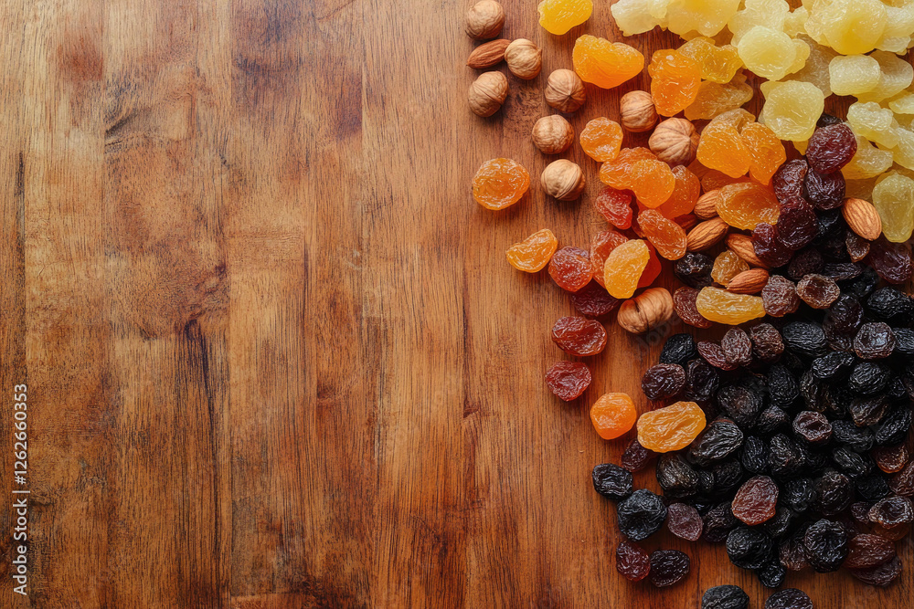 Assorted Dried Fruits and Nuts on Wooden Background A Delicious and Healthy Snack Mix Assorted Dried Fruits and Nuts on Wooden Background A Delicious and Healthy Snack Mix
