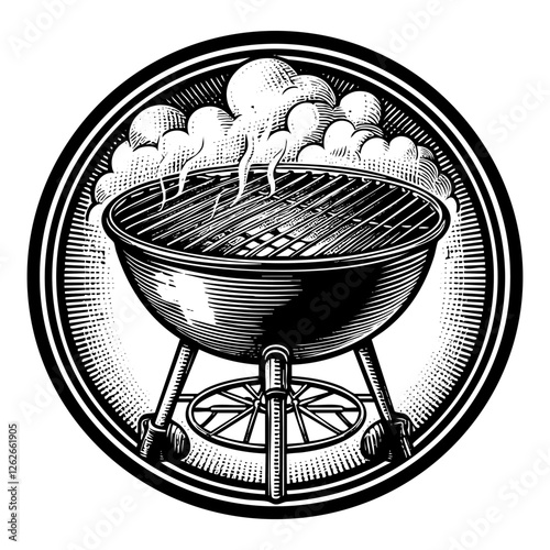 Barbecue grill sketch engraving black and white outline. Scratch board imitation.
