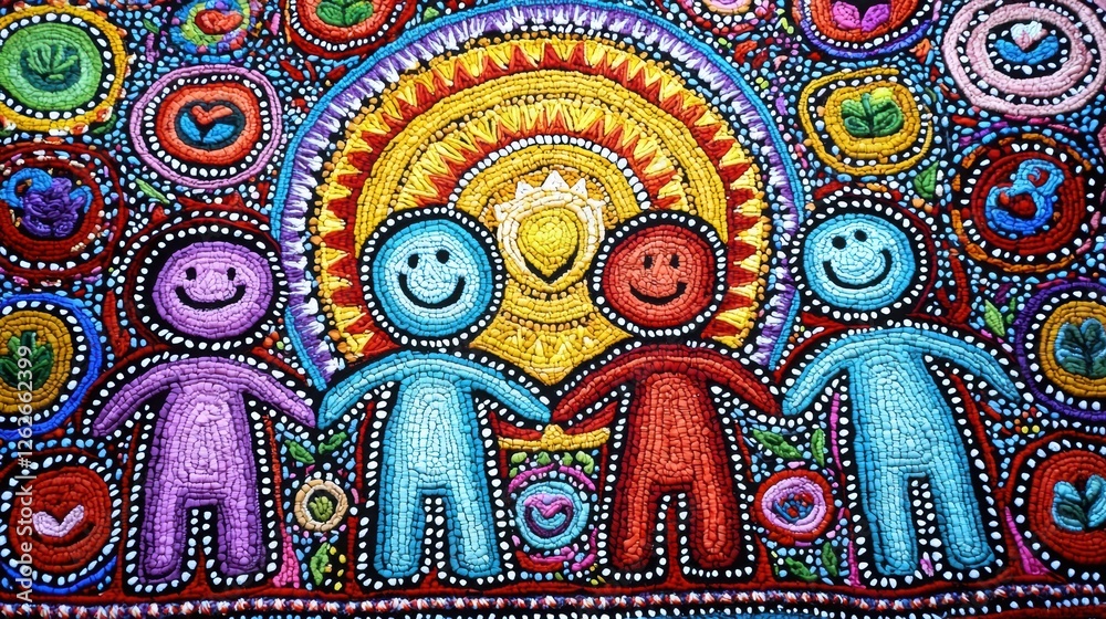 Obraz premium Vibrant Tapestry Depicting Unity and Happiness with Colorful Characters and Symbols of Life