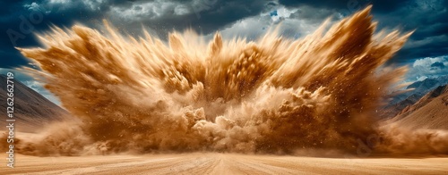 The desert witnesses a forceful explosion of sand and dust, producing a striking visual effect as debris scatters haphazardly