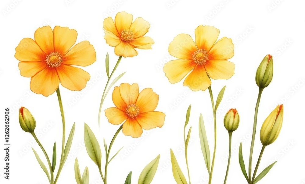 Bright yellow flowers with green stems and buds Bright yellow flowers with green stems and buds