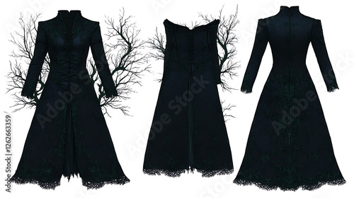 Dark Victorian Inspired Long Dress Design with Lace Accents and Stand Up Collar Fashion Forward