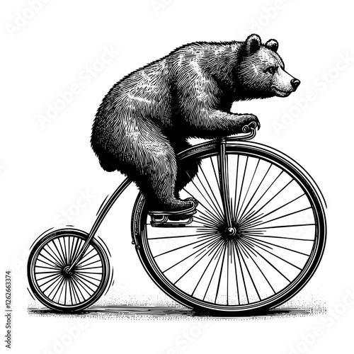 Bear riding penny farthing bicycle sketch engraving black and white outline. Scratch board imitation.  illustrated in vintage line art style on a white background.
