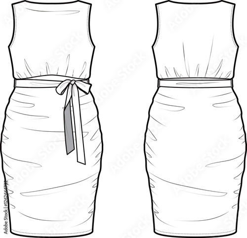 Technical flat sketch of Boat neck bodycon mini dress. Sleeveless dress with cowl neck and waist ribbon tie straps. Vector mock up Template. 