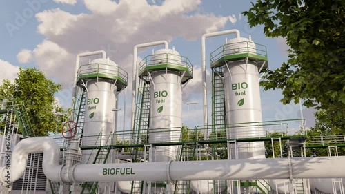 Biofuel production plant. Facility to produce bio fuel derived from biological sources. Concept of green fuel. Time lapse. 3D rendering.