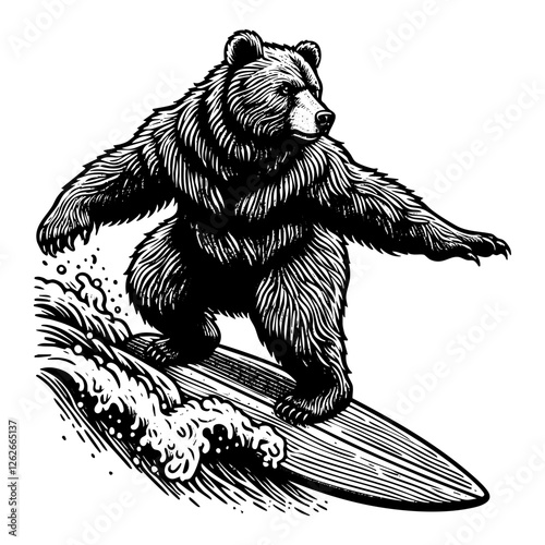 Bear surfing engraving black and white outline. Scratch board imitation.  illustrated in vintage line art style on a white background.
