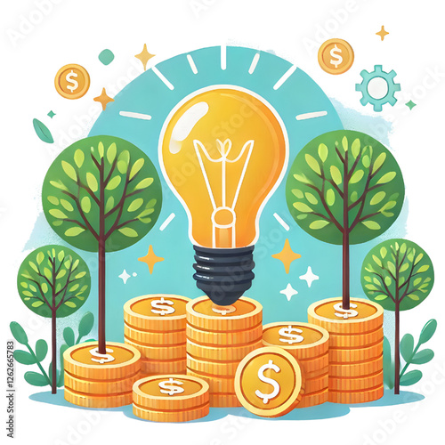 2D Glowing lightbulb on the pile of coins with coin trees. Creative finance concept of making money from business idea. Simple trendy cute vector illustration. Flat style graphic design element