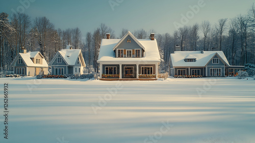 Snowy winter houses, neighborhood homes, serene landscape, winter wonderland, real estate