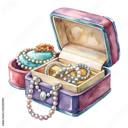 watercolor jewelry box with pearls and necklaces clip art preview