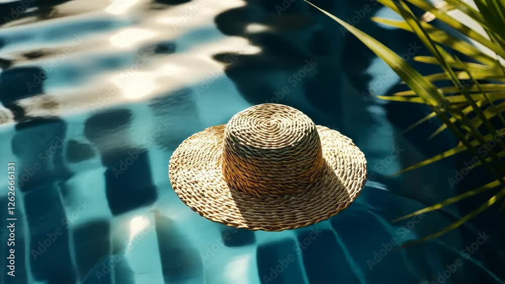 Tranquil Summer Scene Featuring a Floating Straw Hat on Clear Pool Water with Reflections of Sunlight and Lush Greenery