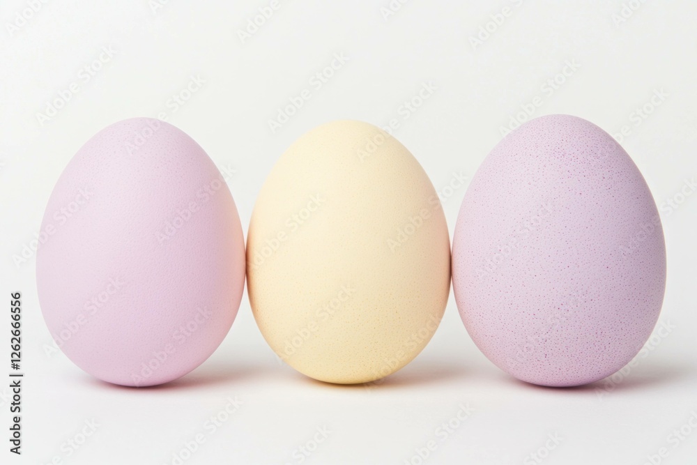 Three pastel colored eggs in shades of purple and yellow arranged on a minimalistic white background, perfect for spring celebrations and Easter themes Three pastel colored eggs in shades of purple and yellow arranged on a minimalistic white background, perfect for spring celebrations and Easter themes