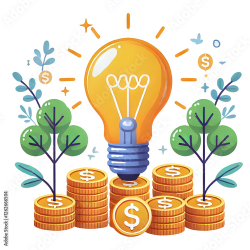 2D Glowing lightbulb on the pile of coins with coin trees. Creative finance concept of making money from business idea. Simple trendy cute vector illustration. Flat style graphic design element