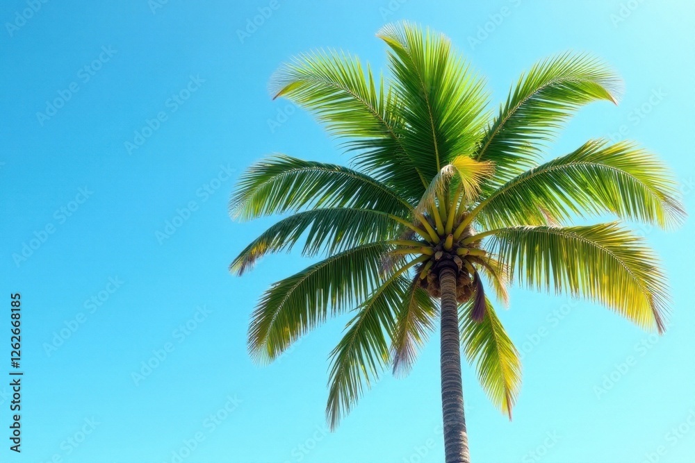 Leaning palm, vibrant green leaves against clear sky, nature photography, royalty free Leaning palm, vibrant green leaves against clear sky, nature photography, royalty free