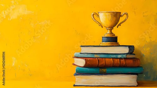 Golden Trophy on Colorful Books with Warm Yellow Background