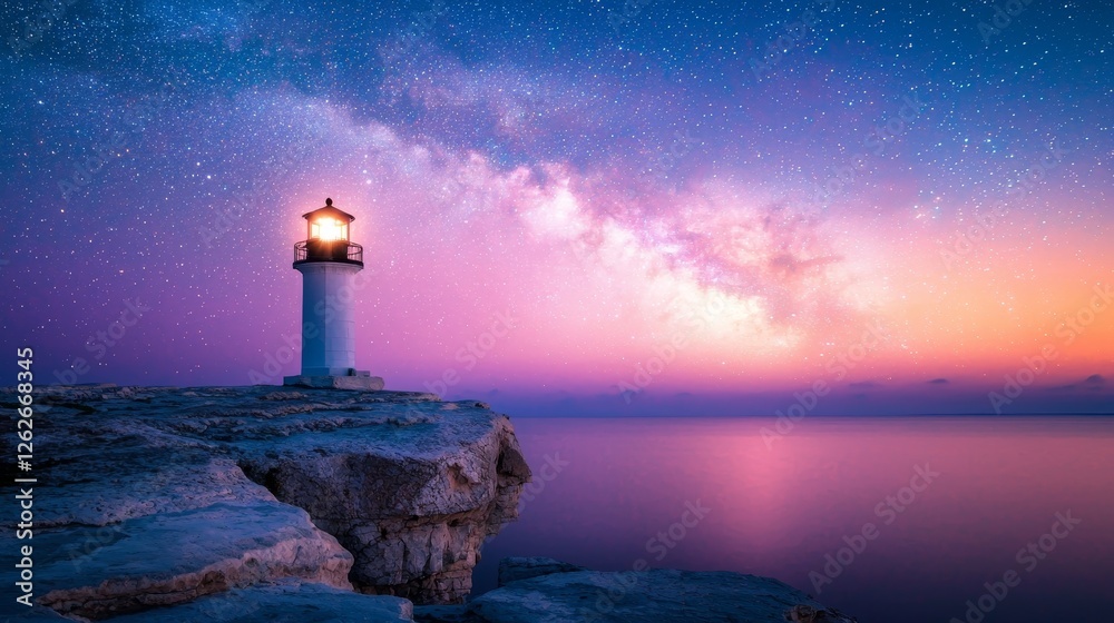 On a starry night, a lighthouse stands tall, its light illuminating the peaceful ocean horizon, while stars and the Milky Way create a mesmerizing sky above On a starry night, a lighthouse stands tall, its light illuminating the peaceful ocean horizon, while stars and the Milky Way create a mesmerizing sky above