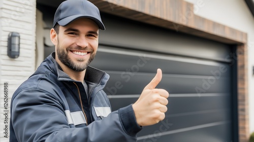 Professional technician gives thumbs-up after completing repair service on residential garage door at suburban home
