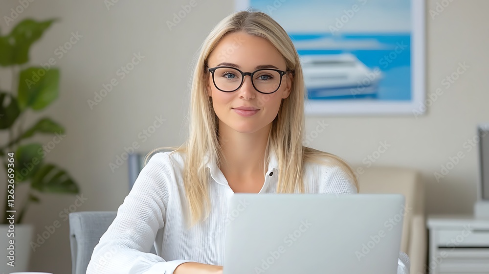 Bright workspace professional woman working on laptop in home office setting Bright workspace professional woman working on laptop in home office setting