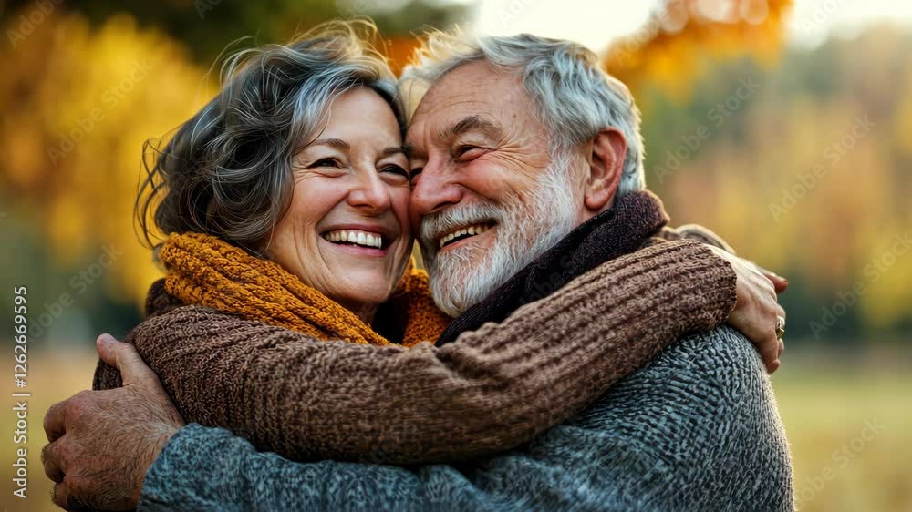 Joyful elderly couple embracing in nature surrounded by autumn foliage, warm smiles conveying love and happiness Joyful elderly couple embracing in nature surrounded by autumn foliage, warm smiles conveying love and happiness