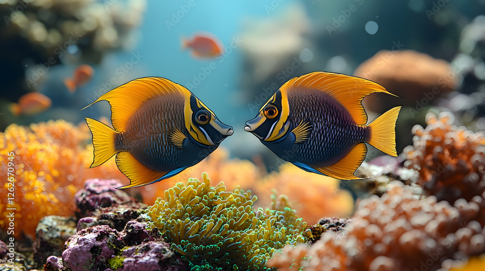 Fototapeta premium Two fish face-to-face in coral reef, underwater scene, nature