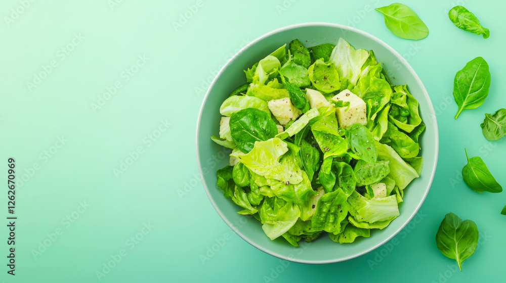 Fresh, healthy green salad bowl with crisp lettuce and spinach leaves on pastel background, perfect for nutritious meals and diets. Fresh, healthy green salad bowl with crisp lettuce and spinach leaves on pastel background, perfect for nutritious meals and diets.